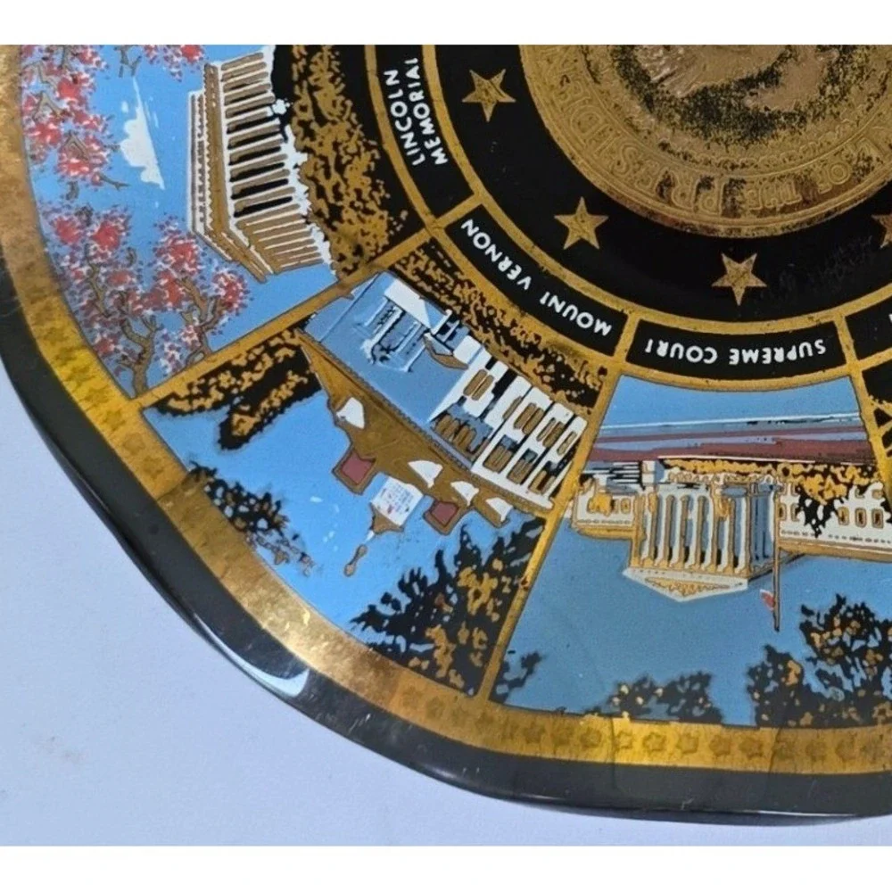 Vintage Washington DC Souvenir Smoked Glass Scalloped Plate Gold Trim Patriotic